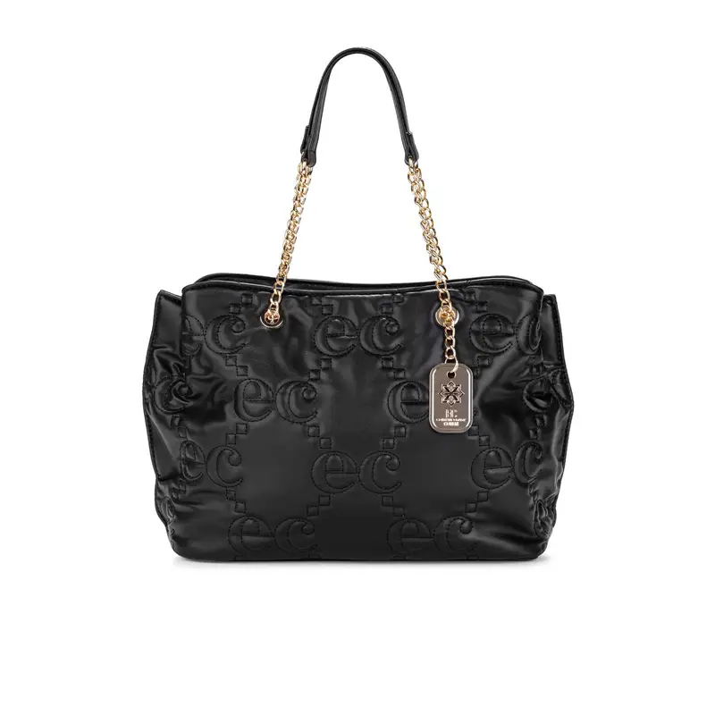 EC CONTEMPORARY COVERI Shopper nera da donna con stampa multilogo e manico dettaglio catena