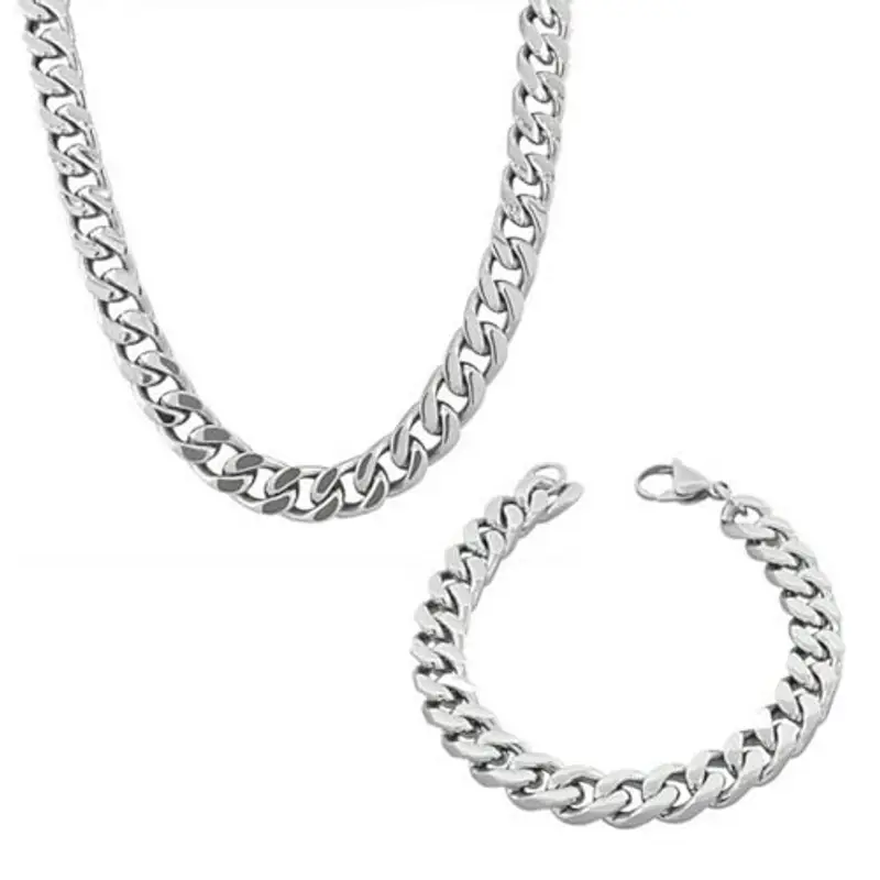 EIHI Collana e Bracciale in Acciaio Inossidabile, Catena da Uomo in Argento, Ragazzi, Set Collana e Bracciale Largo 8 mm, Ragazzi e Ragazze