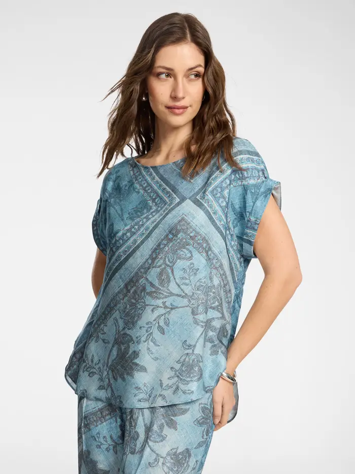 ELENA MIRO blusa da donna in raso viscosa stampata TURCHESE