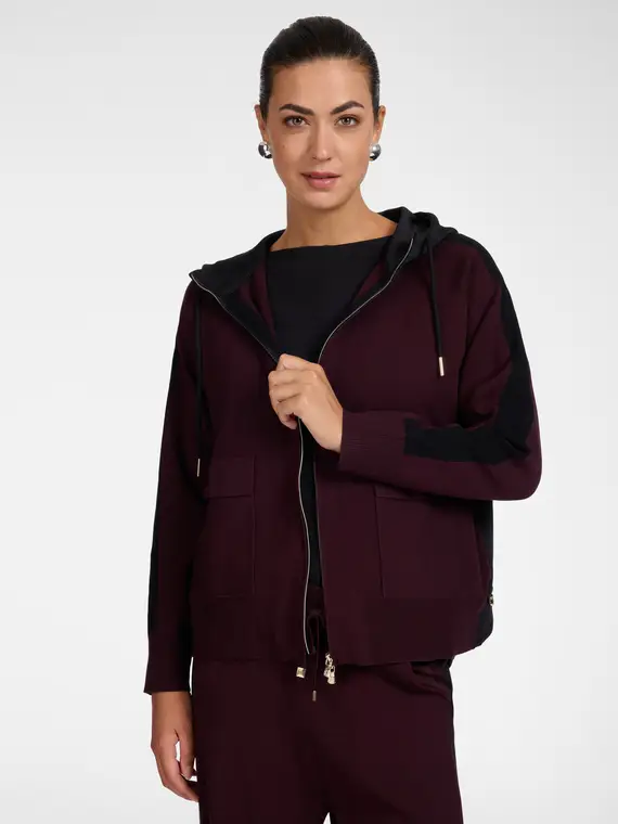 Cardigan con cappuccio, zip e bande a contrasto Donna, Bordeaux (58 IT)