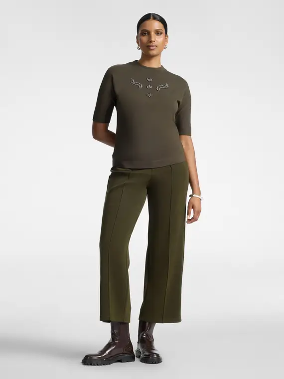 Felpa maniche corte con ricamo Donna, Verde militare (58 IT)