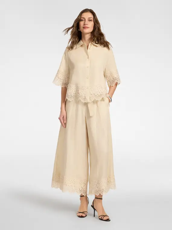 Elena Mirò Pantaloni cropped in lino con pizzo Donna, Beige
