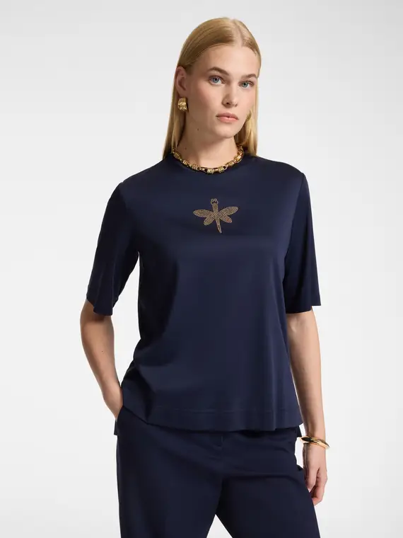 Elena Mirò T-shirt in cotone con applicazione libellula Donna, Blu (58 IT)