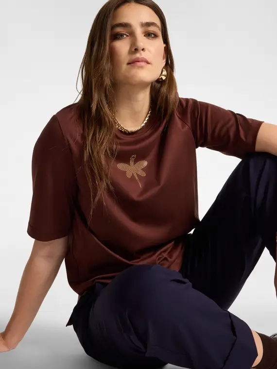 Elena Mirò T-shirt in cotone con applicazione libellula Donna, Marrone (58 IT)
