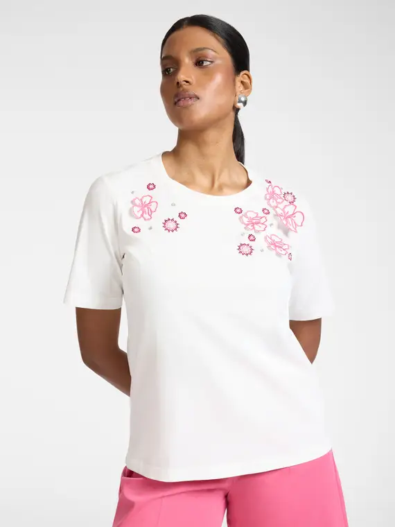 Elena Mirò T-shirt in cotone con ricami floreali Donna, Bianco (58 IT)