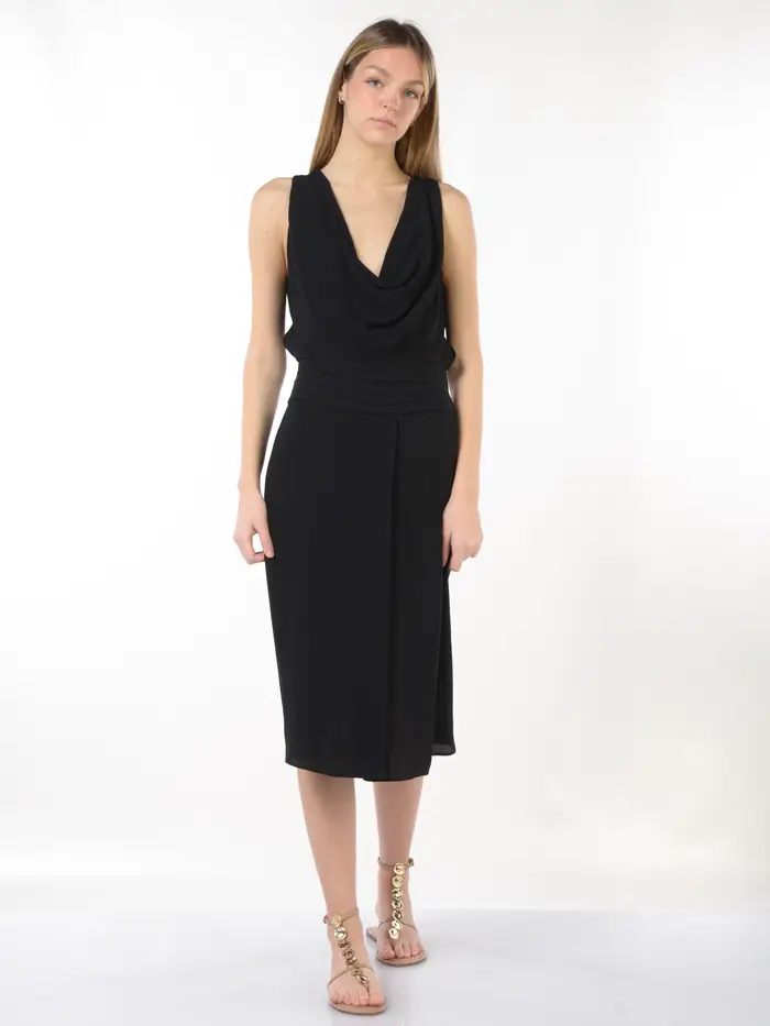 abito lungo da donna Elisabetta Franchi con scollo a labbro e fascione plisse NERO
