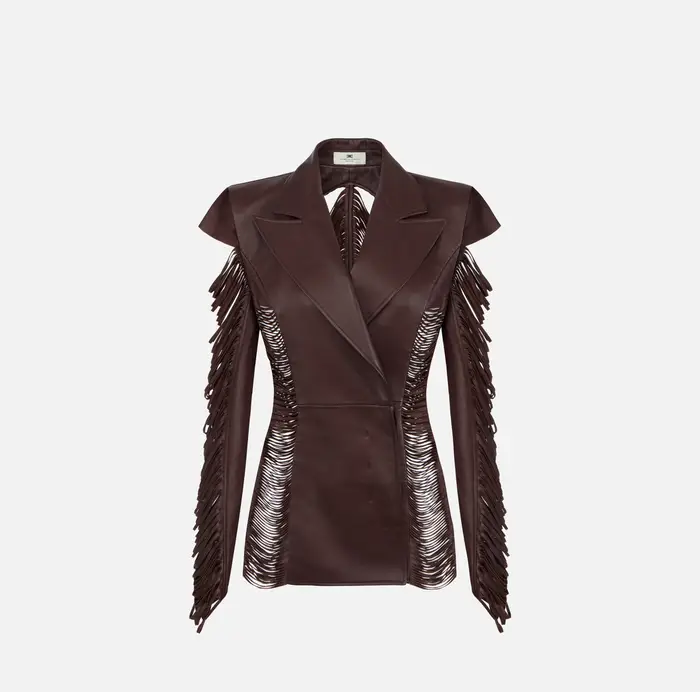 Elisabetta Franchi Giacca in nappa con frange Cognac