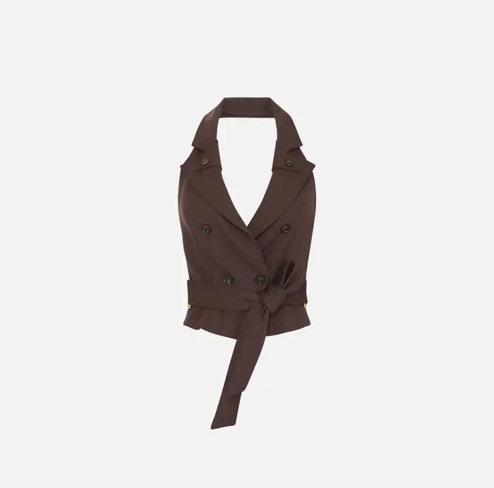Elisabetta Franchi Gilet in gabardina con cintura Cognac
