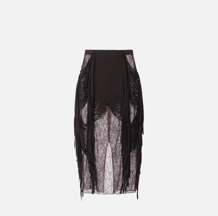 Elisabetta Franchi Gonna in pizzo floreale con frange Cognac