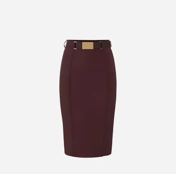 Elisabetta Franchi Gonna in tessuto tecnico bielastico con cintura Cognac