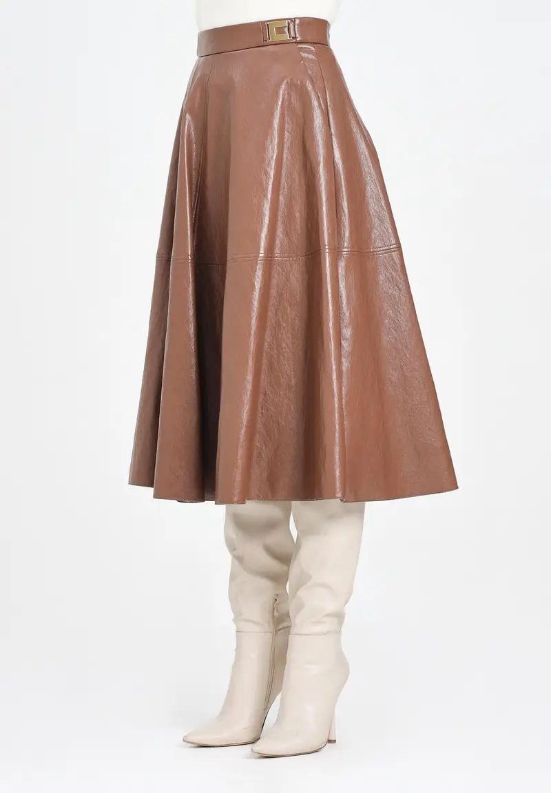 ELISABETTA FRANCHI Gonna midi cammello da donna con dettagli logo