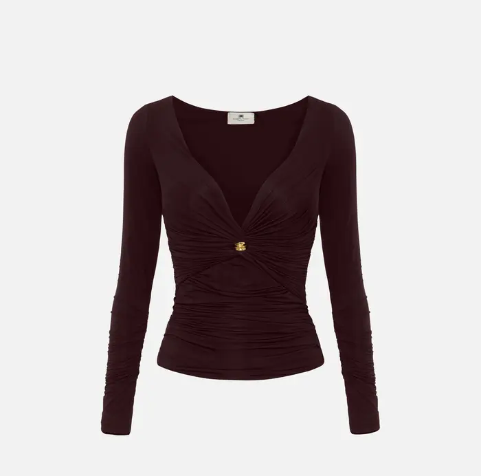 Elisabetta Franchi Maglia in jersey con dettaglio gioiello Cognac