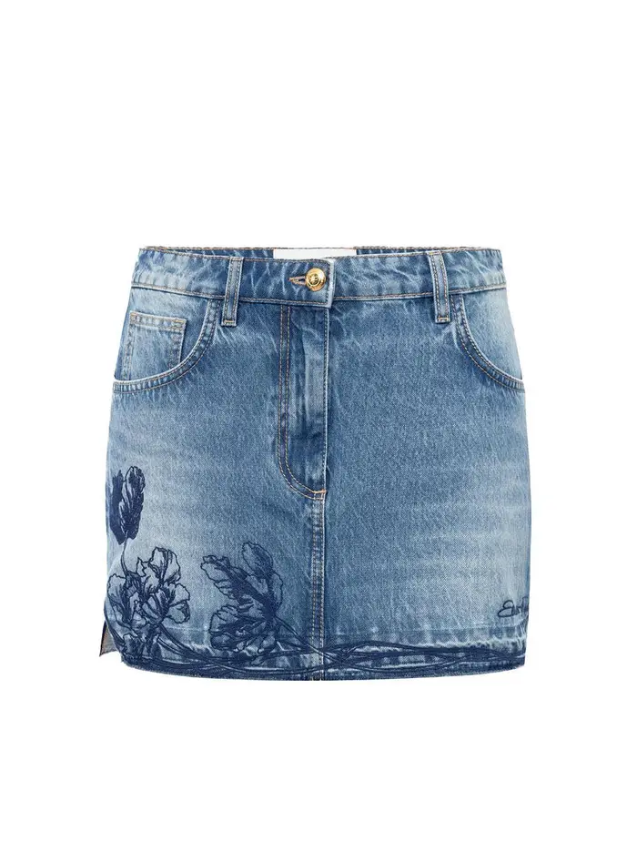 ELISABETTA FRANCHI Minigonna in denim con ricamo floreale Denim Chiaro