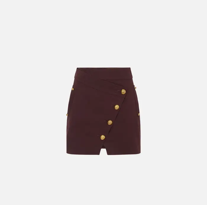 Elisabetta Franchi Minigonna in gabardina di cotone con bottoni gioiello Cognac