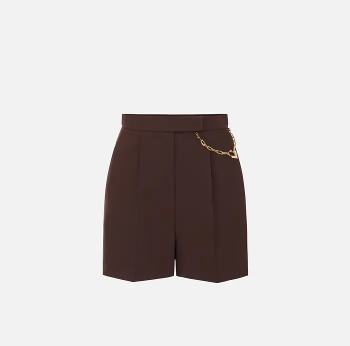 Elisabetta Franchi Shorts in gabardina con logo gioiello Cognac