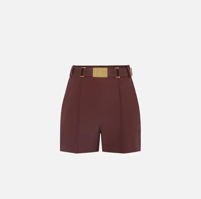 Elisabetta Franchi Shorts in tessuto tecnico bielastico con cintura Cognac