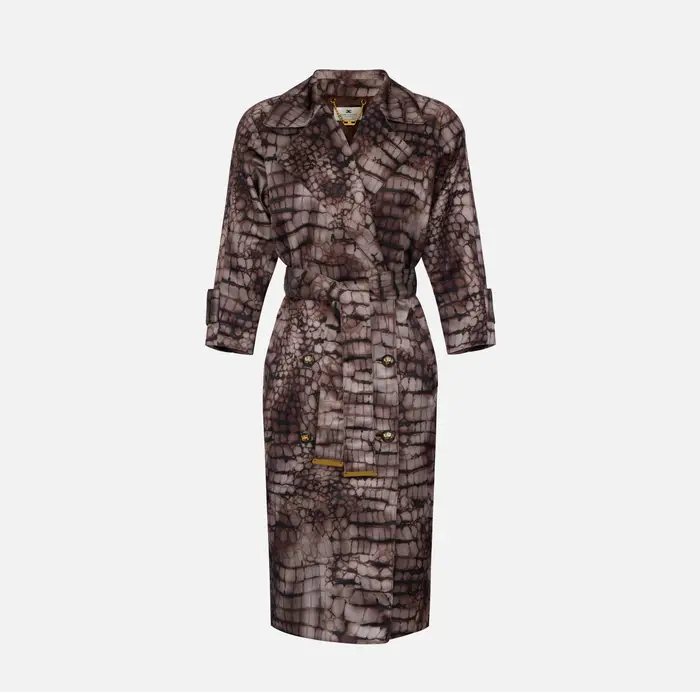 Elisabetta Franchi Trench in duchesse con stampa alligatore Cognac