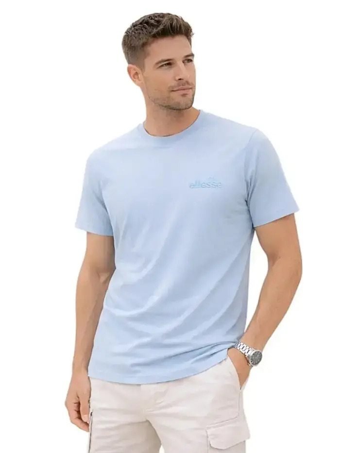 Ellesse t-shirt uomo in cotone celeste con ricamo logo tono su tono