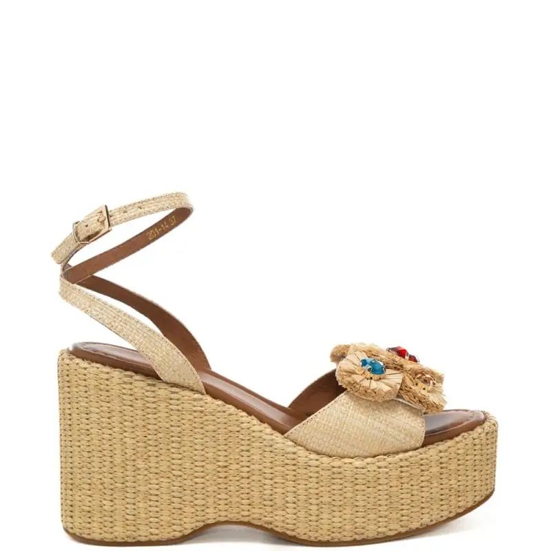 Emanuelle Vee sandali alti da donna yumi con zeppa in tessuto corda intrecciato beige