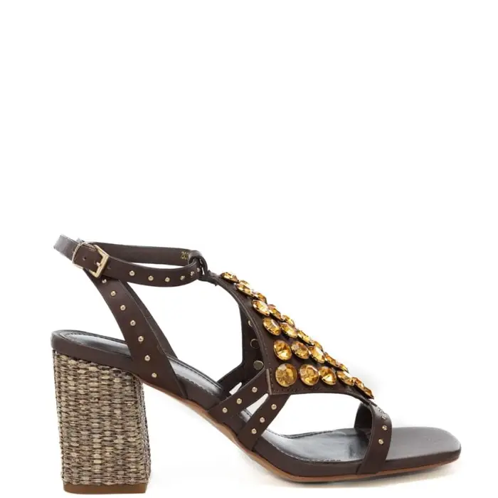 scarpe alte da donna farah con tacco a blocco e design con pietre frontali marrone