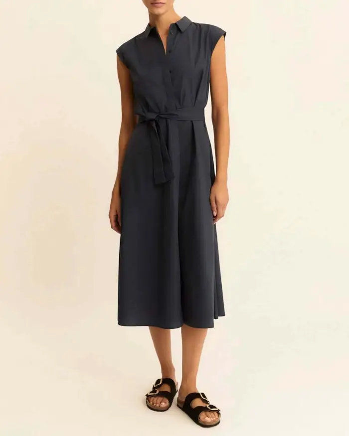 Emme Marella Abito midi chemisier blu smanicato in popeline di puro cotone con cintura in vita