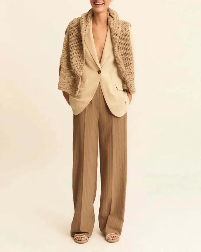 Emme Marella Blazer monopetto a maniche corte beige in lino e viscosa con tasche a patta e filetto