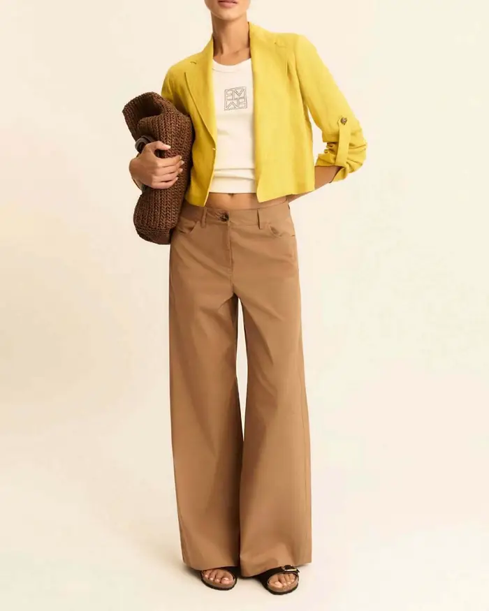 Emme Marella Blazer monopetto crop giallo in lino lavato con maniche arrotolabili e rever classico