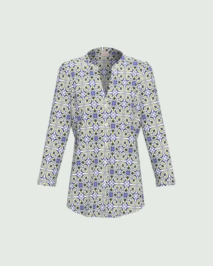 Emme Marella Blusa pervinca e lime in mussola di cotone stampa floreale con maniche a tre quarti