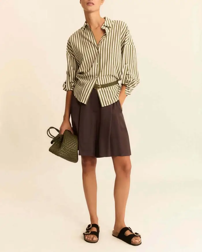 Emme Marella Camicia bianca a righe verdi in misto viscosa con maniche arrotolabili con laccetto