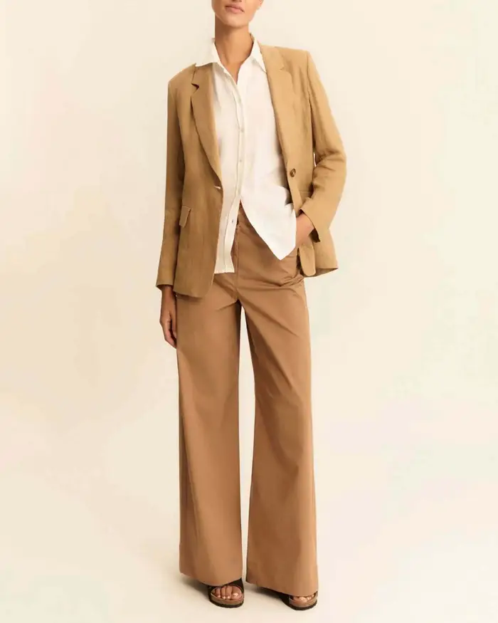 Emme Marella Pantaloni wide leg cammello in gabardina stretch con 5 tasche e baschina posteriore