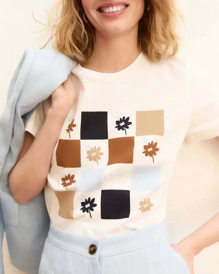 Emme Marella T-shirt girocollo bianca in jersey di cotone con stampa frontale colorata