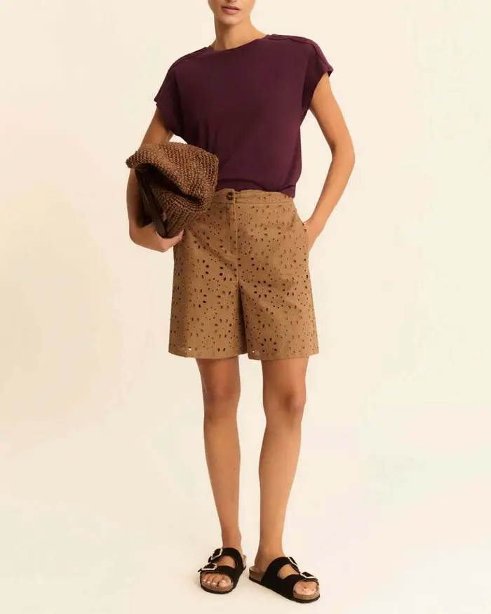 Emme Marella T-shirt girocollo bordeaux in jersey con maniche a kimono e dettagli traforati