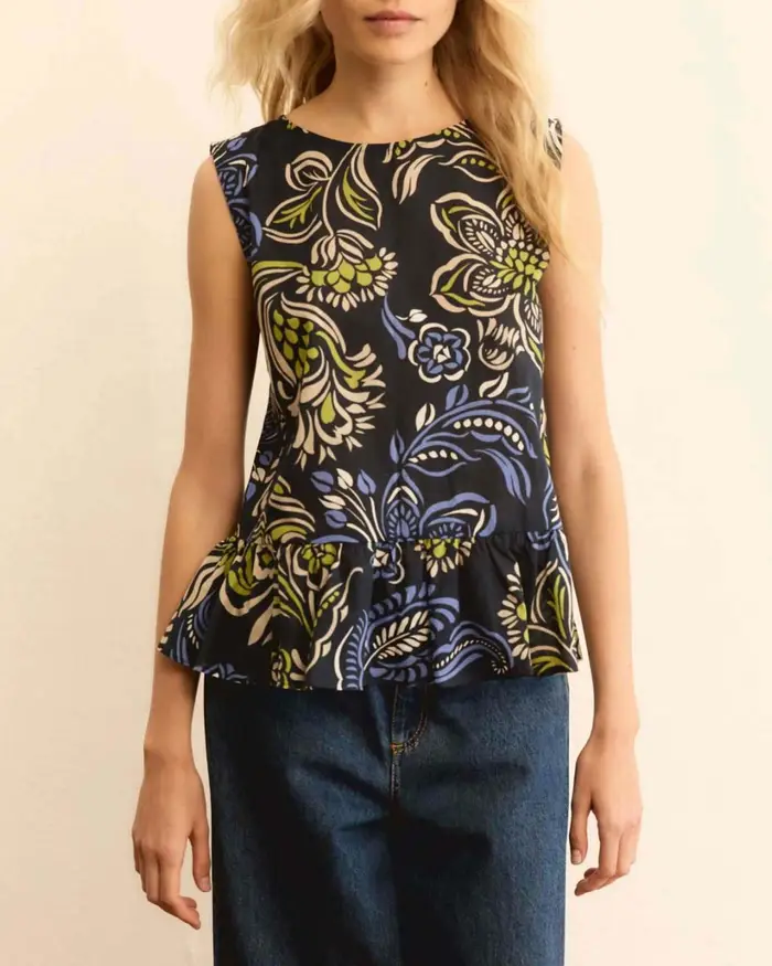 Emme Marella Top smanicato blu in mussola di cotone stampa floreale multicolor con balza arricciata