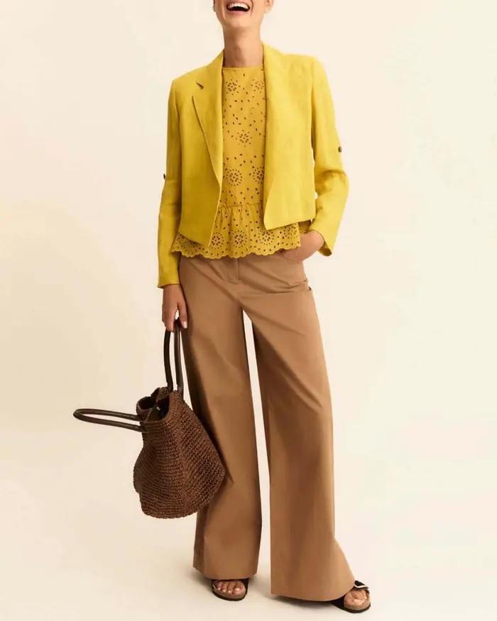 Emme Marella Top smanicato giallo in sangallo con retro in jersey e balza