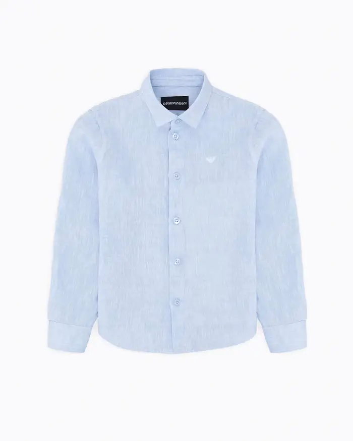 Camicia Emporio Armani Junior azzurra in puro lino con logo aquila