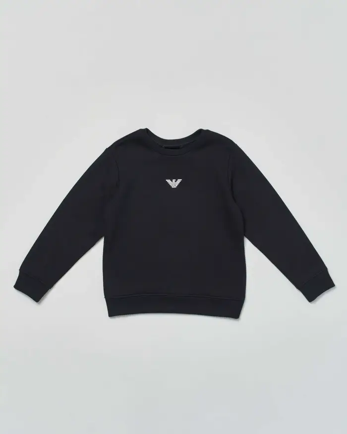 Felpa blu notte Emporio Armani Junior girocollo in misto modal e cotone con mini logo aquila stampato