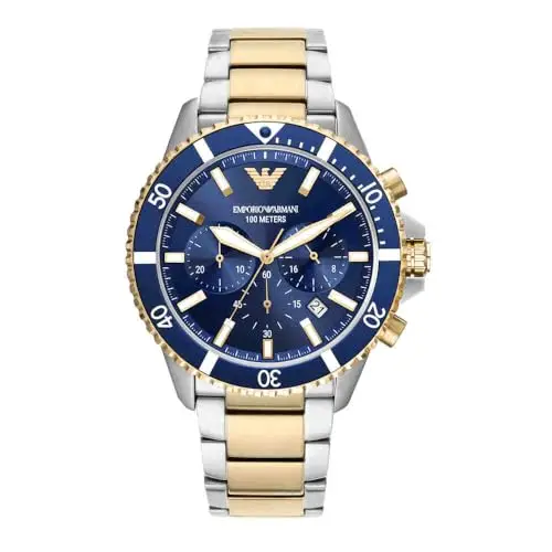 Emporio Armani Orologio Uomo, Movimento Cronografo, Cassa 43 mm in Acciaio Inossidabile con Bracciale in Acciaio