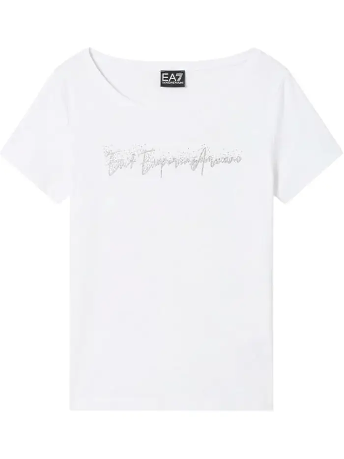 Emporio Armani t-shirt donna in jersey di cotone stretch bianco con logo in strass
