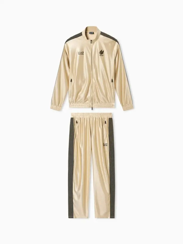 Emporio Armani tuta uomo coccer in tessuto tecnico oro con bande logo