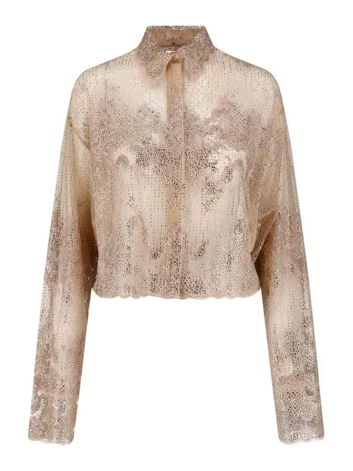 Ermanno Scervino Camicia in pizzo con strass Beige
