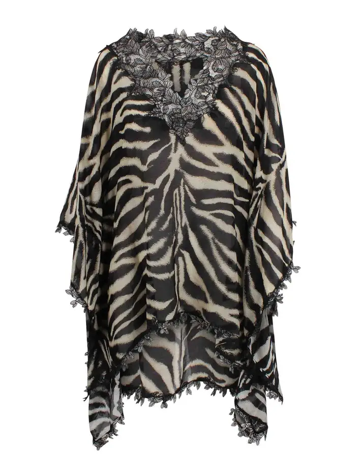 Ermanno Scervino Kaftano corto in cotone e seta con pizzo Animalier