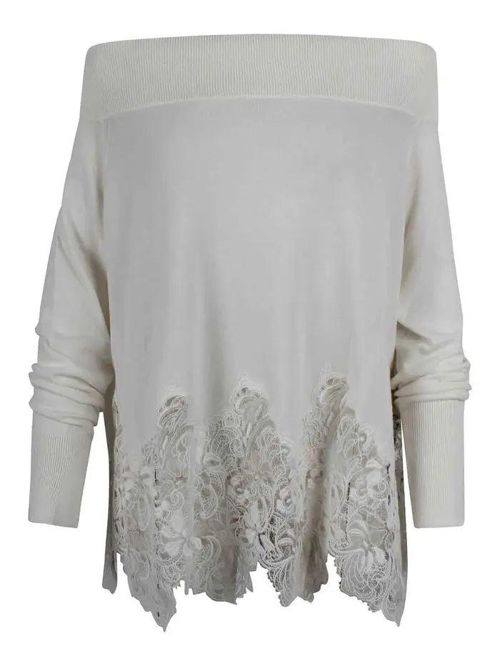 Ermanno Scervino Maglione in cotone con ricami in pizzo Bianco