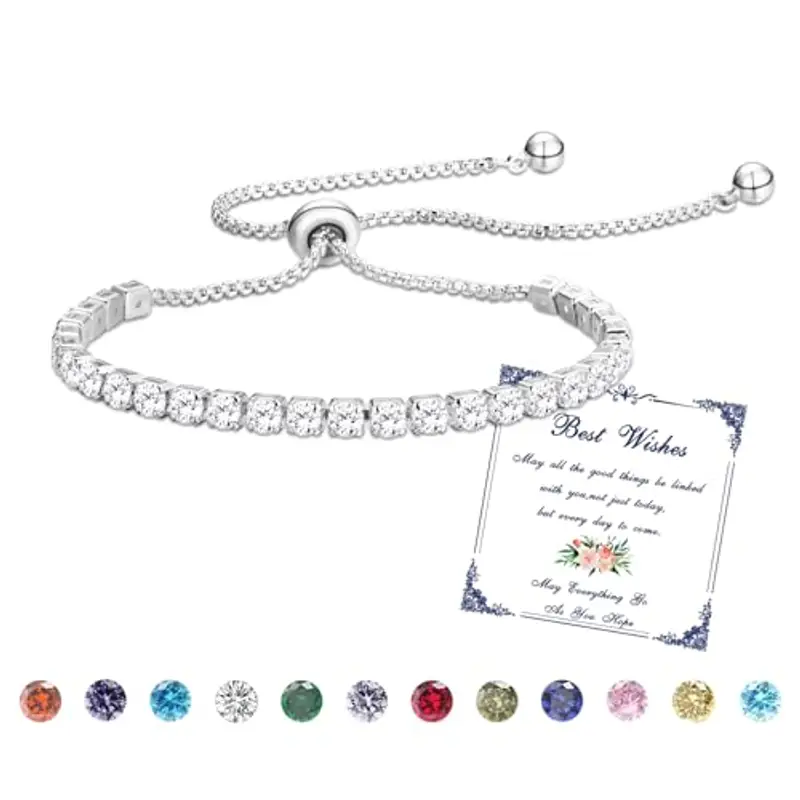 Esmoly Bracciale Donna Argento Bracciale Tennis con 12 Colori di Pietre Natali e 5A Sparkle Zircone Regolabile Regalo Compleanno Donna