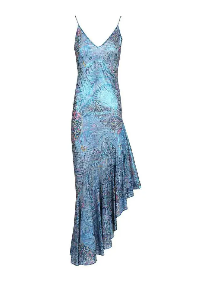 Etro Abito Asimmetrico Con Volant E Stampa Paisley Blu