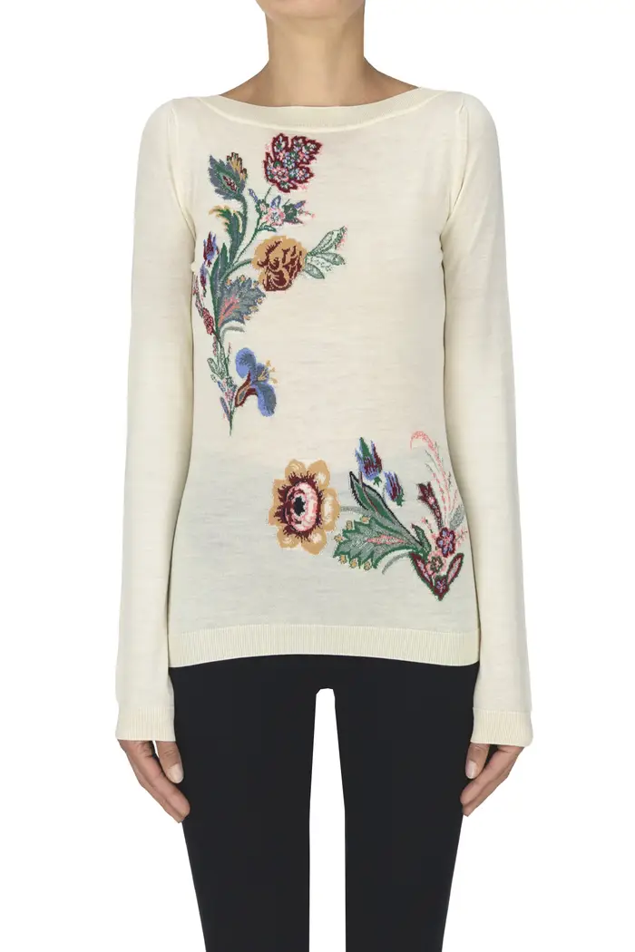 Pullover con ricami floreali Crema