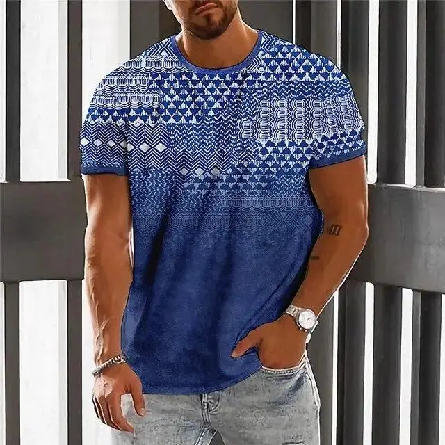 T-shirt etnica da uomo con stampa 3D, a maniche corte, estiva, casual, alla moda, a maniche corte, con scollo a V, per uomo, abbigliamento oversize 3XL