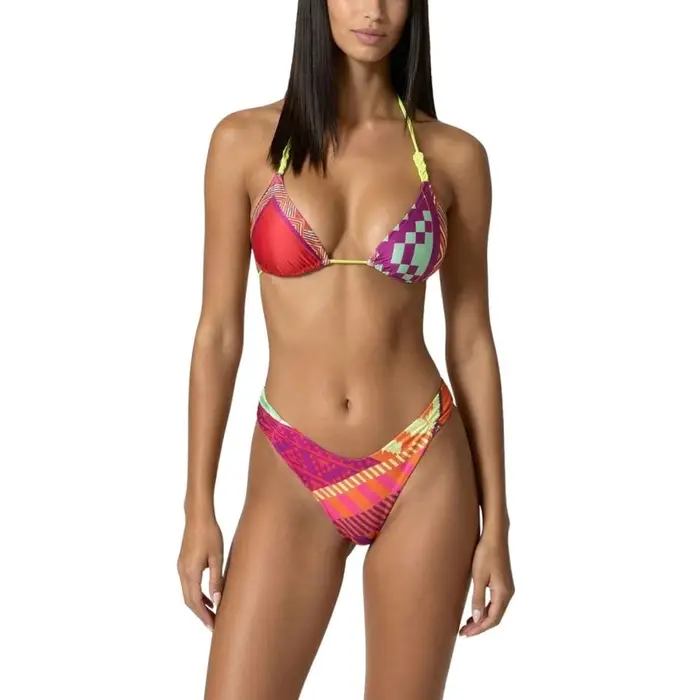 bikini da donna triangolo con slip americano fisso e stampa a fantasia etnica multicolor