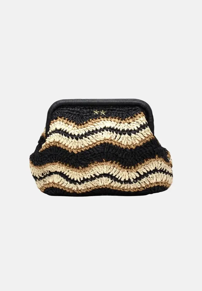 Pochette a mano in rafia beige e nera da donna