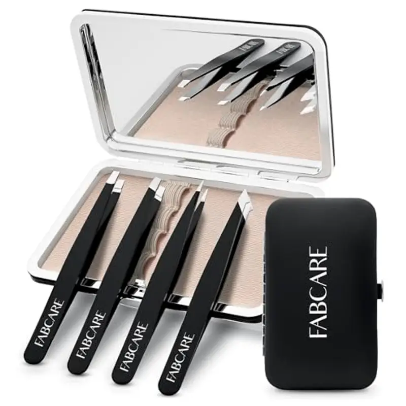 FABCARE Pinzetta Sopracciglia Professionale con Specchio & Custodia, Set Pinzette Sopracciglia per Epilazione Precisa, Pinzetta Peli in