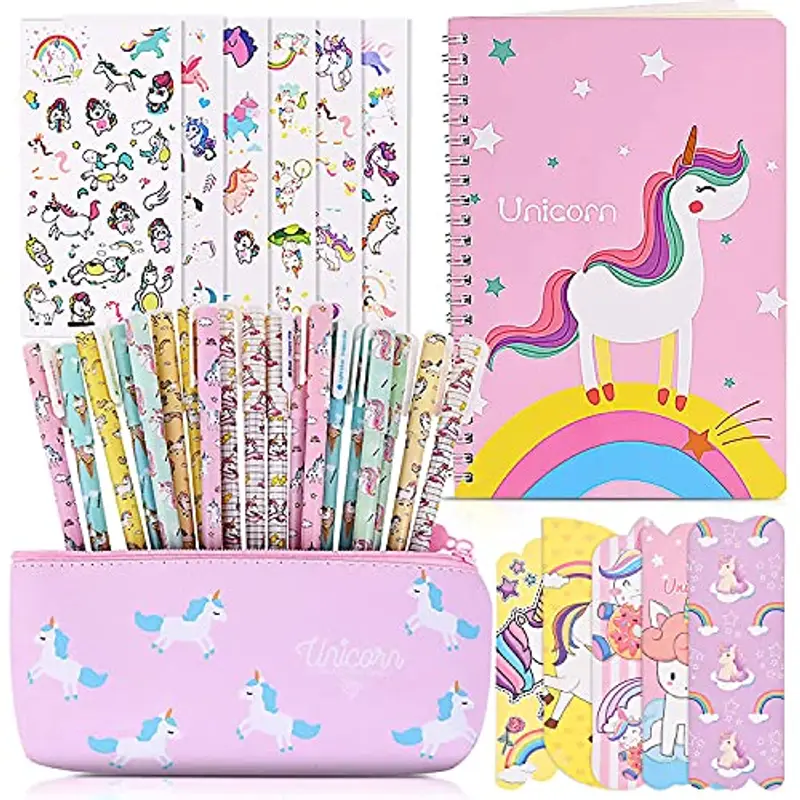 faburo Cancelleria per Unicorno, 20pz Penne per Unicorno Simpatico Regalo, 1pz Notebook per Materiale Scolastico, 6pz Adesiva Regalo
